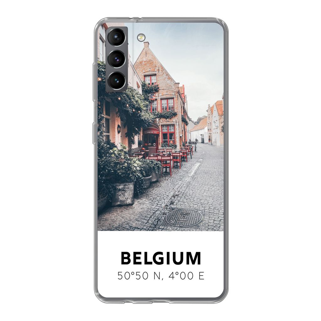 MuchoWow Handyhülle Schutzhülle Hülle für Samsung Galaxy S21 Plus Belgien - Café - Terrasse - Rot Silikon Softcase Handy Hülle - Handy-Tasche