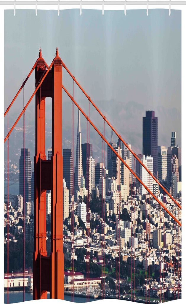 ABAKUHAUS Vereinigte Staaten Schmaler Duschvorhang, San Francisco, Badezimmer Deko Set aus Stoff mit Haken, 120 x 180 cm, Orange Weiß Blau