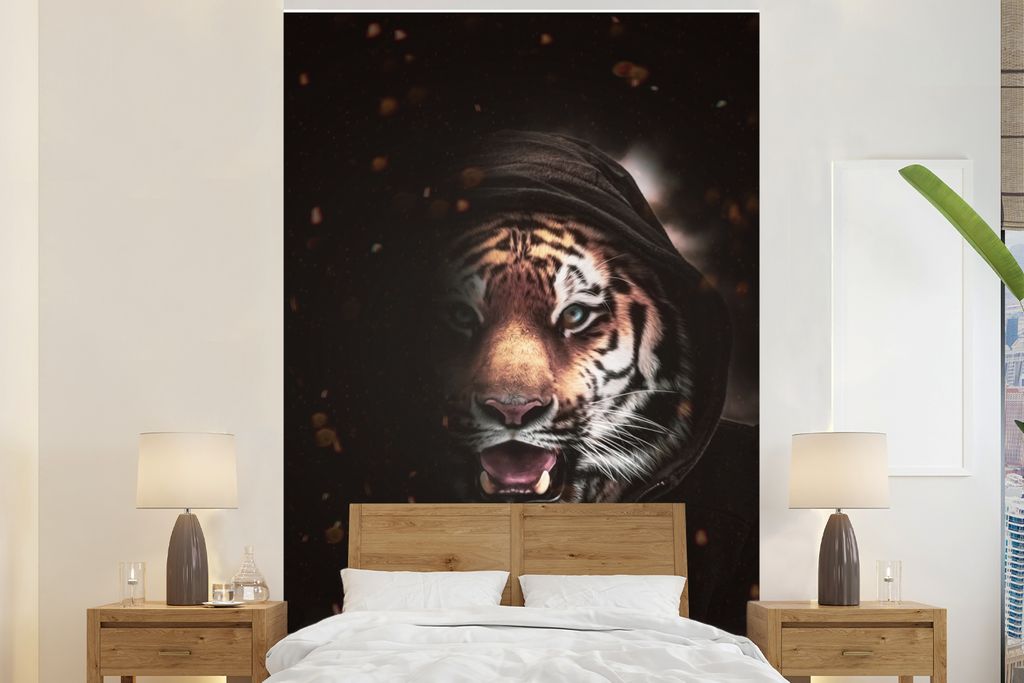 MuchoWow Fototapete für Wohnzimmer oder Schlafzimmer Wandtapete Vinyl Motivtapete Tiger - Schatten - Felinen - 155x240 cm - Tapete