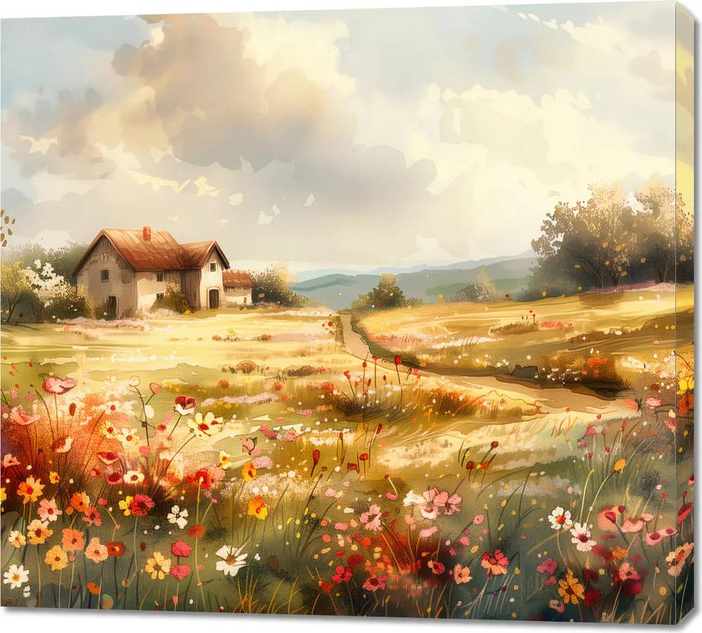 Quadro 100x90cm Casetta Idilliaca | Tela Canvas Paesaggio Rustico