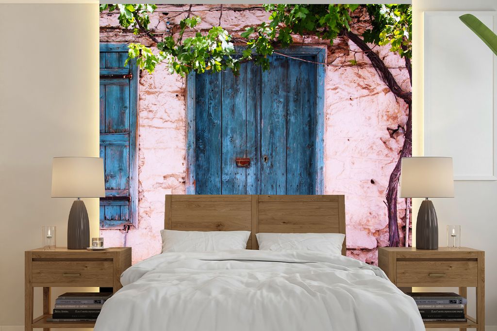 MuchoWow Fototapete für Wohnzimmer oder Schlafzimmer Wandtapete Vinyl Motivtapete Vintage - Tür - Haus - Blau - Baum - 220x220 cm - Tapeten