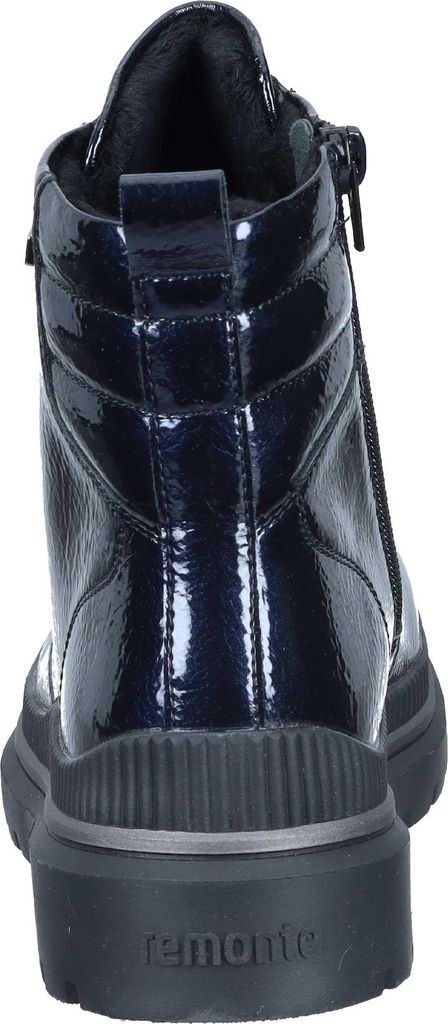 The back view of a dark blue patent leather boot with a black sole.