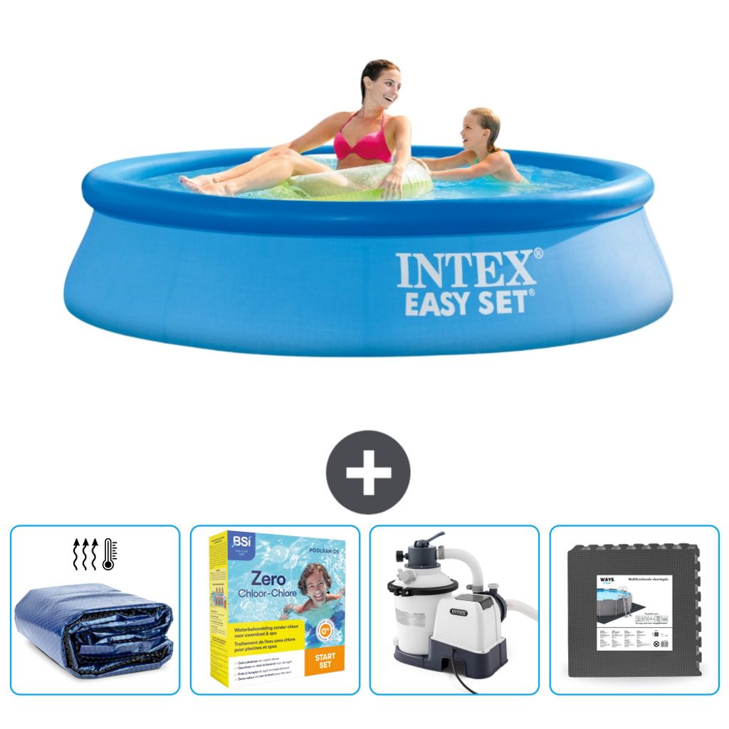 Intex runder aufblasbarer Easy Set-Pool – 244 x 61 cm – Blau – im Lieferumfang enthalten Sonnensegel - Wartungspaket - Filterpumpe für Schwi...
