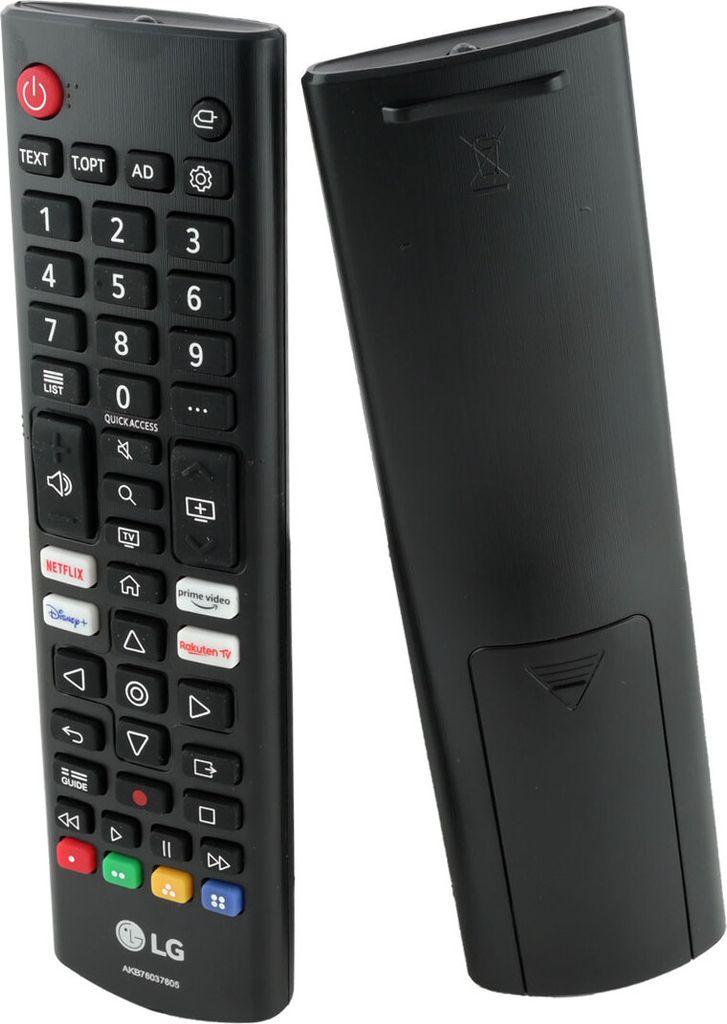 Two black LG remote controls are shown against a white background. One remote is shown from the front, displaying its buttons and the LG logo. The other remote is shown from the back, with its battery compartment cover visible.