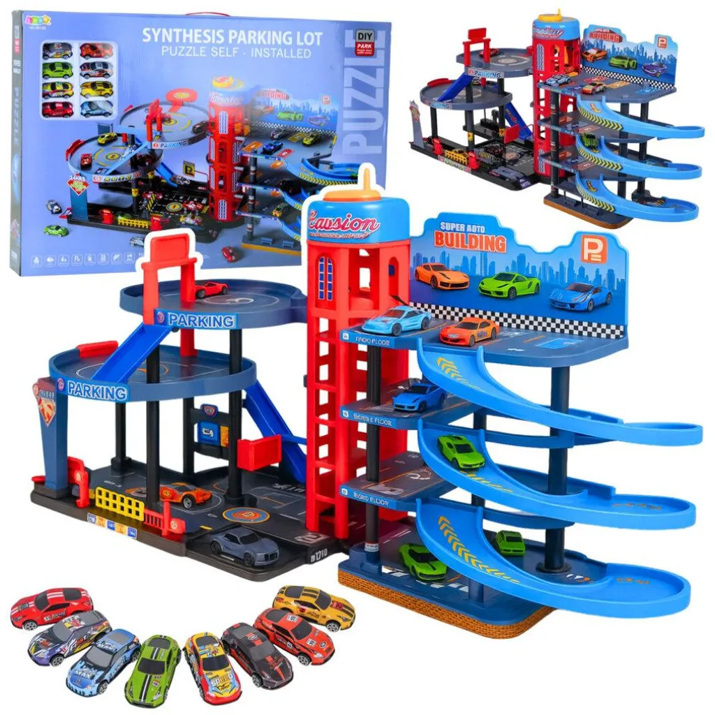 Circuit de voitures 4 étages avec 8 véhicules en métal pour petits pilotes