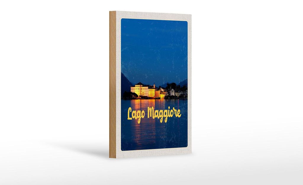 Holzschild Reise 12x18 cm Lago Maggiore Insel bei Nacht Meer
