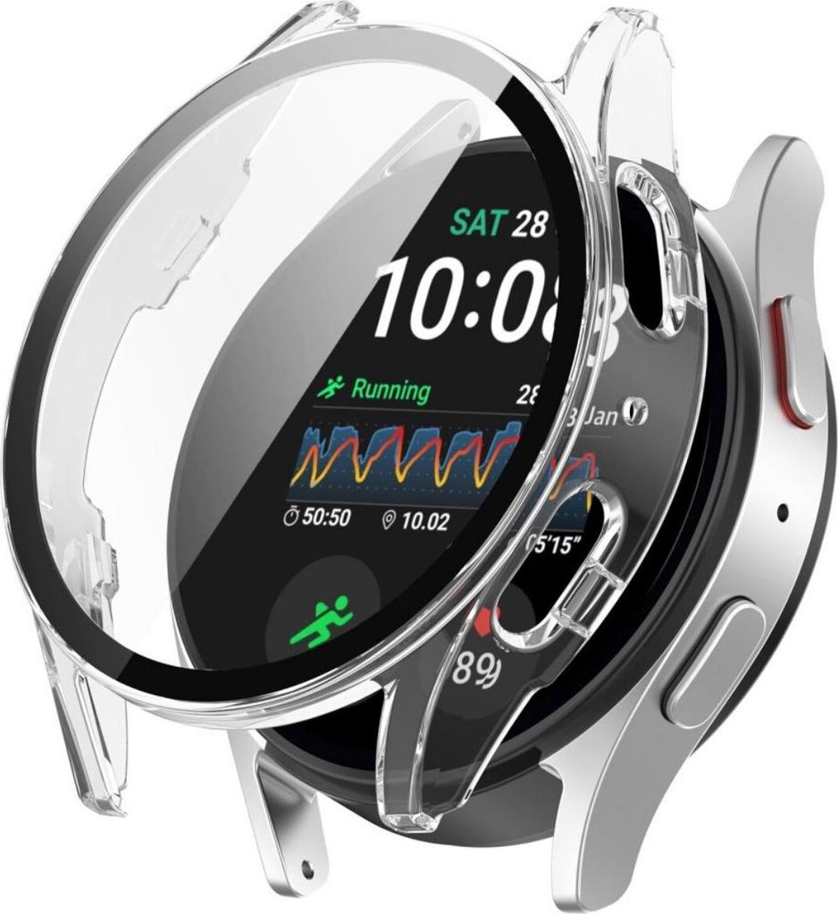 A transparent protective case is shown on a smartwatch.