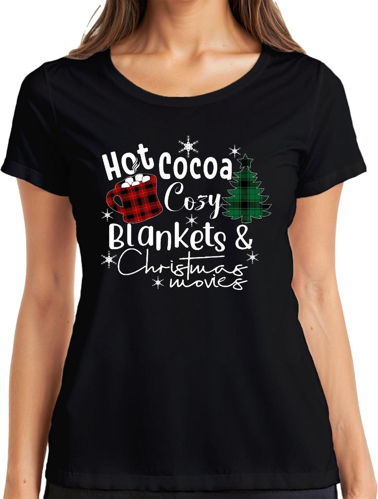 Hot Cocoa Cozy Blankets Christmas movies plaid mug snowflake Damen T-Shirt, Schwarz, M