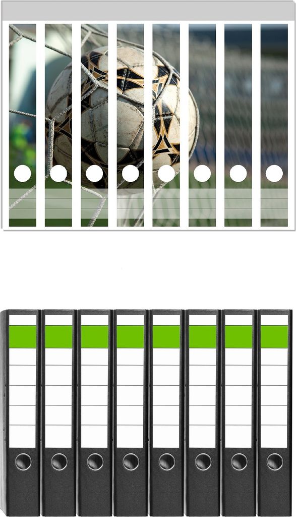 Wallario 8 Stück schmale Ordner inkl. Klebeetiketten mit Motive Fußball - Ball im Tor - Bolzplatz - Set mit Rückenschildern / Ordnerrücken Sti...