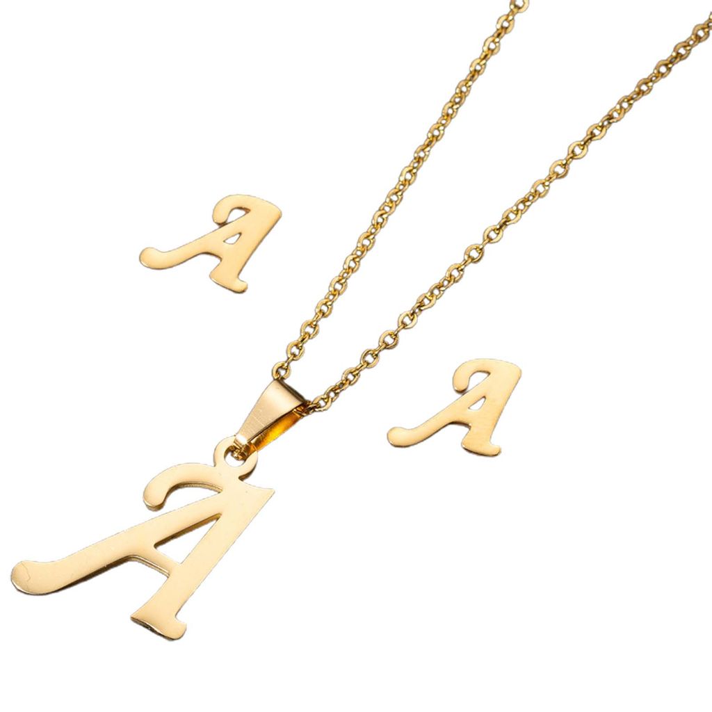 26 Buchstaben-Halsketten, antiallergisch, lichtecht, personalisiertes Geschenk, Alphabet-Anhänger, Choker-Ohrringe, Kombination für Mädchen-Gold...