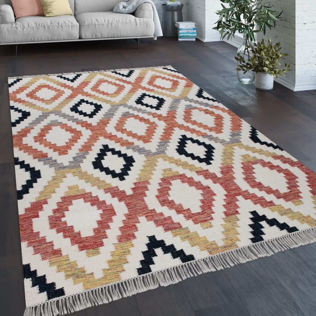 Teppich Wohnzimmer Boho Fransen Handgewebt Wolle Baumwolle Produktbild 