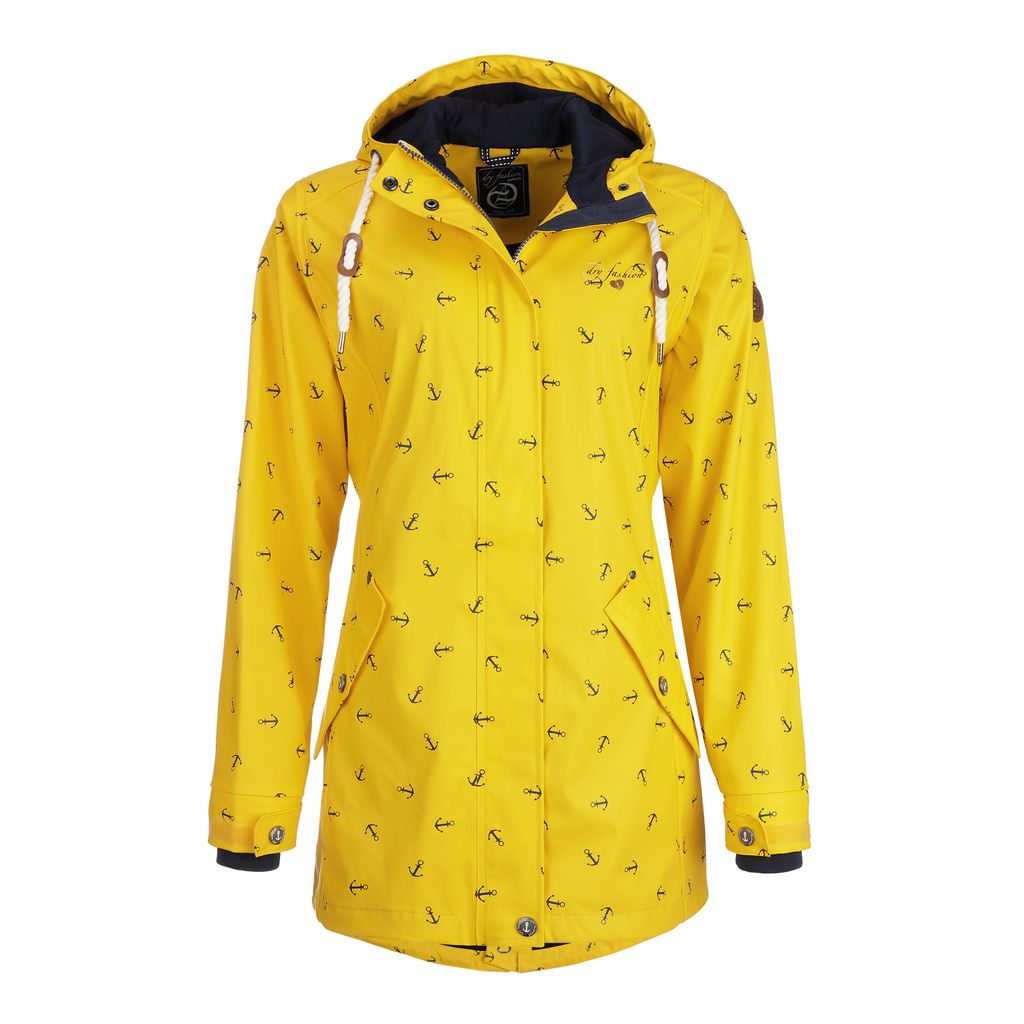 Dry Fashion Damen Regenmantel Cuxhaven mit Anker-Print - Regenjacke Jacke für Frauen mit verstellbarer Kapuze Winddicht Wasserdicht in Gelb Größ...