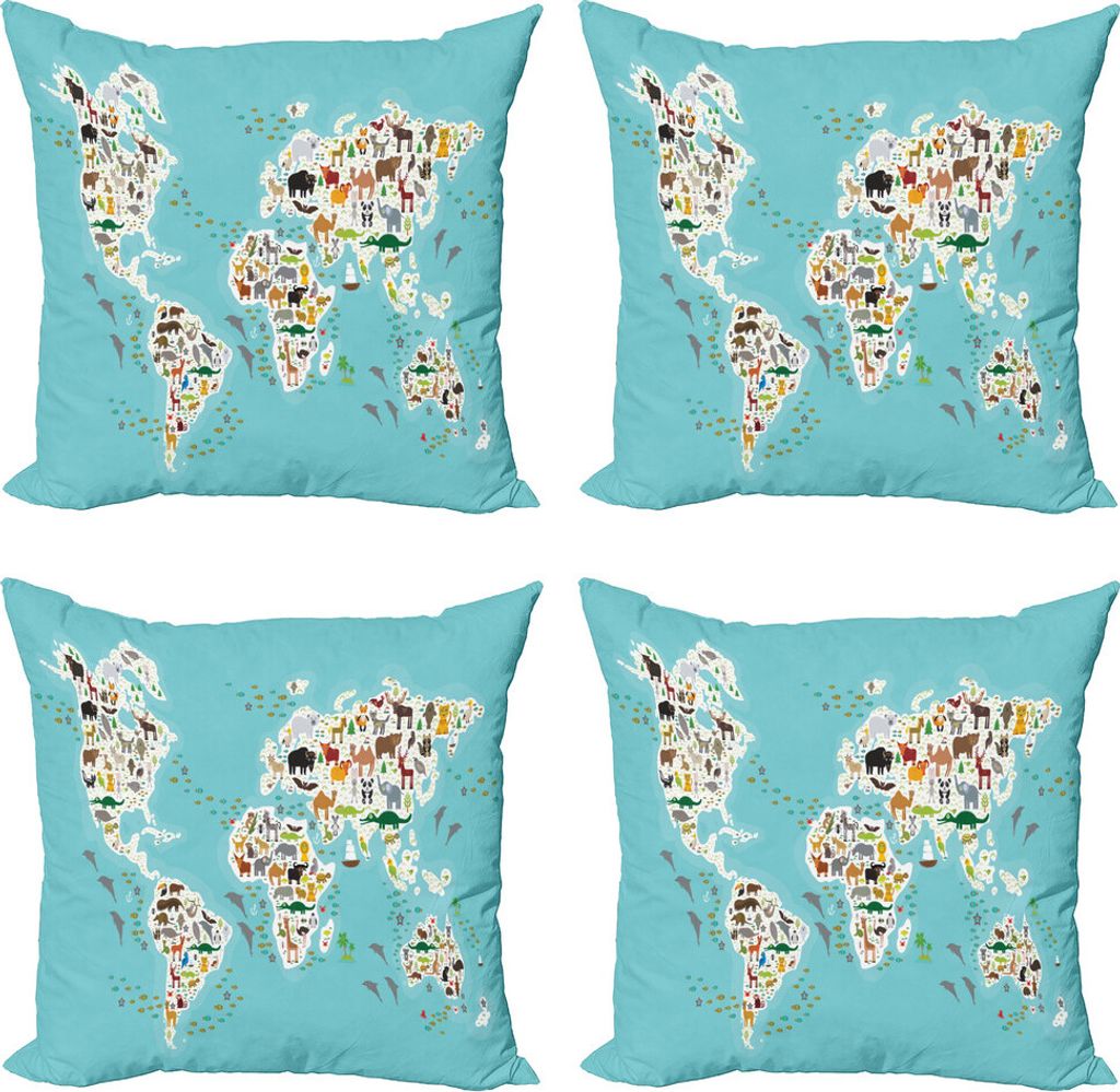ABAKUHAUS Tierwelt Kissenbezug Set (4 Stück), Weltkarte Lokale Tier, Moderner Doppelseitiger Digitaldruck, 60 cm x 60 cm, Mehrfarbig