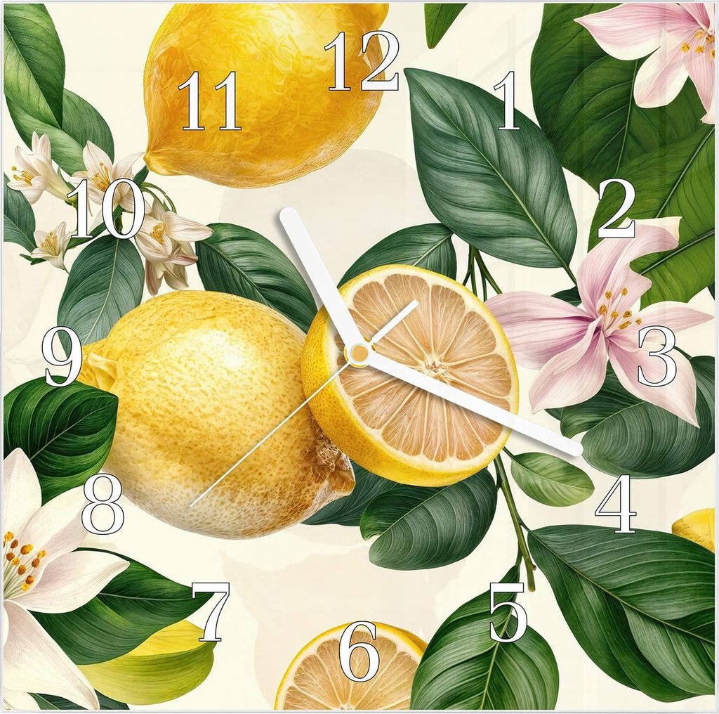 Wanduhr aus Glas mit Motiv Zitronenblumen- 30 x 30 cm - inkl. Aufhängesystem