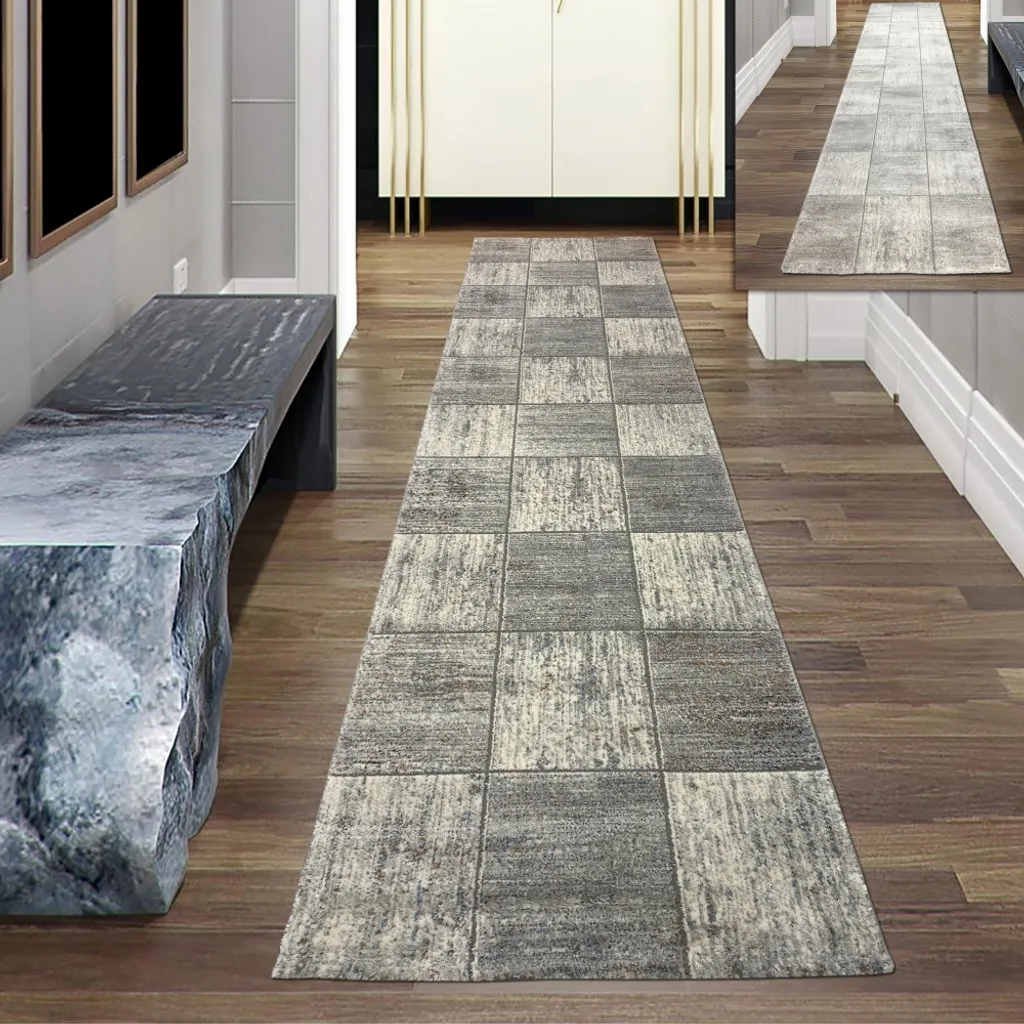 Tapis de salon à motif carré gris moderne - Format couloir 80 x 300 cm