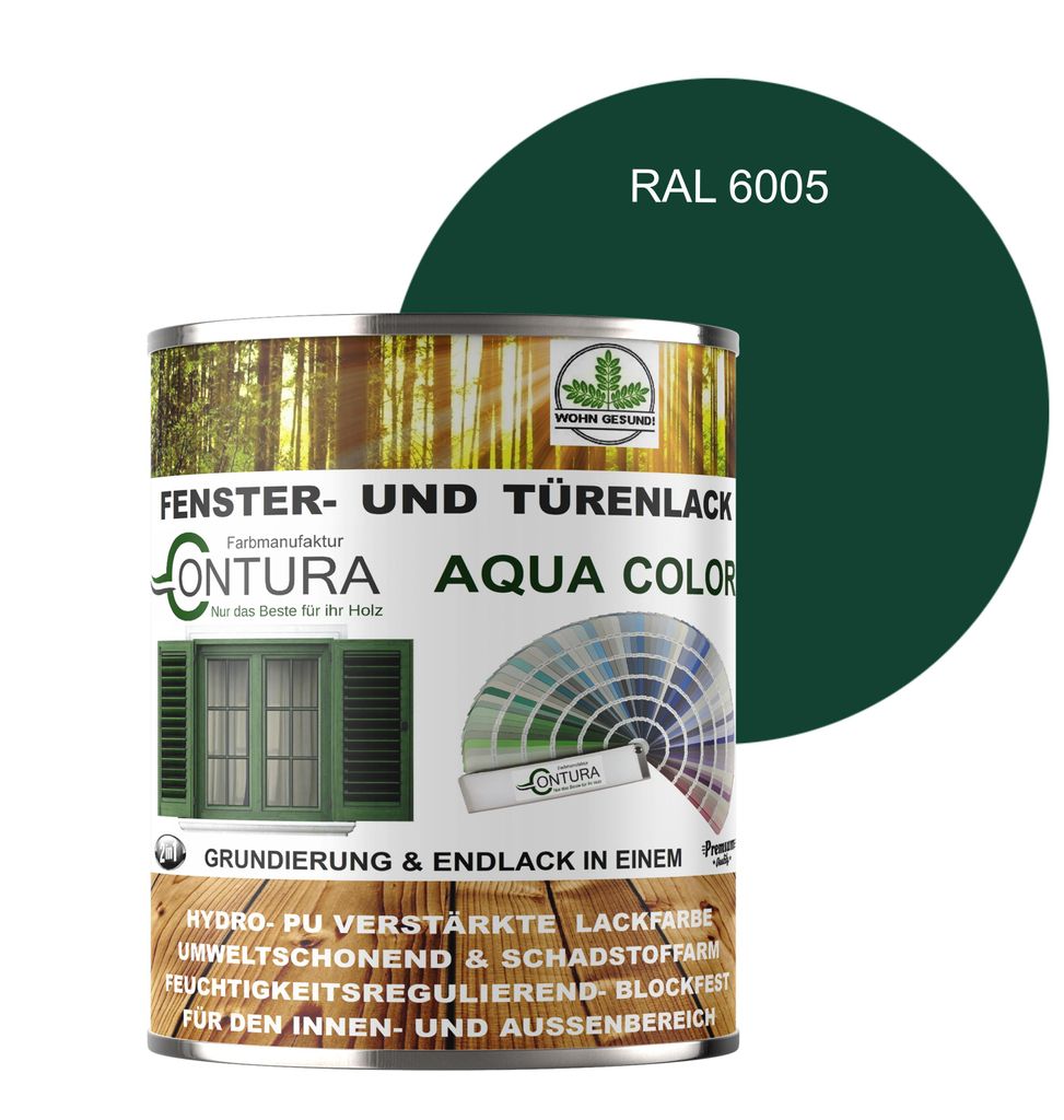 Contura 750ml Fenster und Türenlack Seidenmatt nach RAL 2in1 mit Pinsel Möbellack Innen und Außen Holzlack - RAL 6009 Tannengrün
