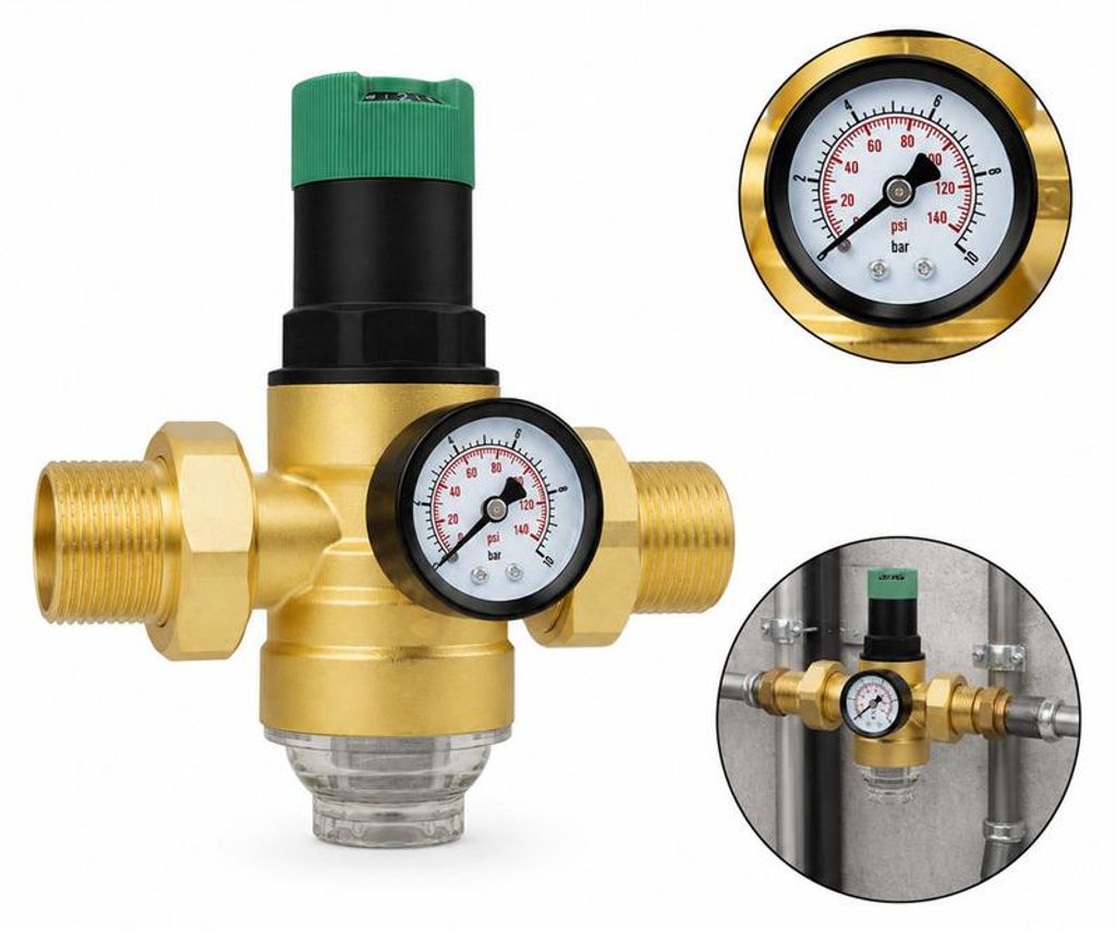 Druckminderer 1 Zoll DN25 mit Manometer und Filter, aus entzinkungsbeständigem Messing, für Hauswasserinstallation