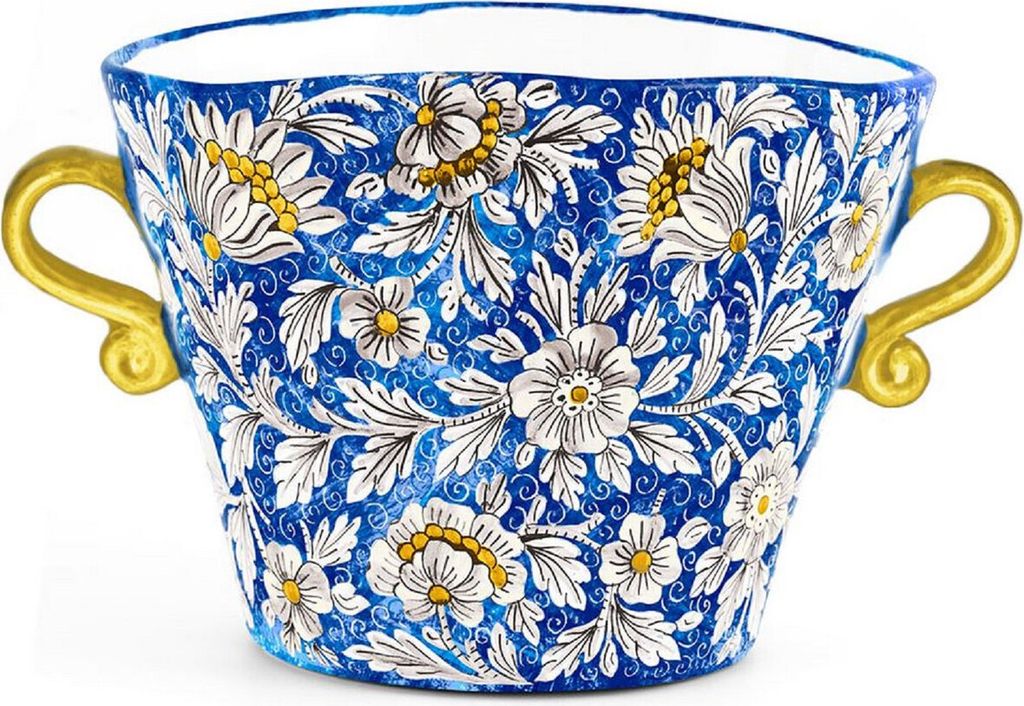 Casa Padrino Luxus Keramik Blumentopf mit 2 Tragegriffen Blau / Mehrfarbig Ø 27 x H. 20 cm - Handgefertigter & handbemalter Keramik Pflanzentopf -...