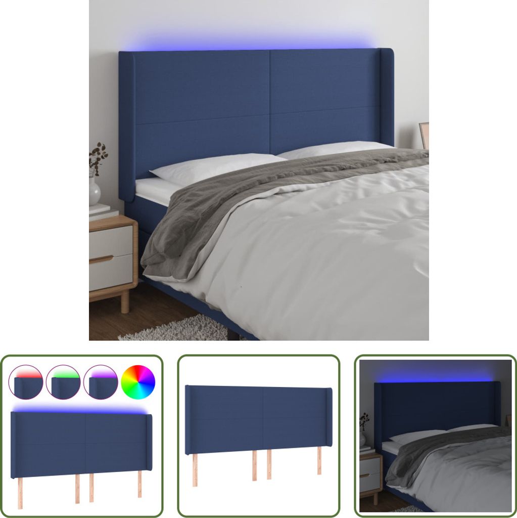 The Living Store LED Kopfteil Blau 163x16x118/128 cm Stoff