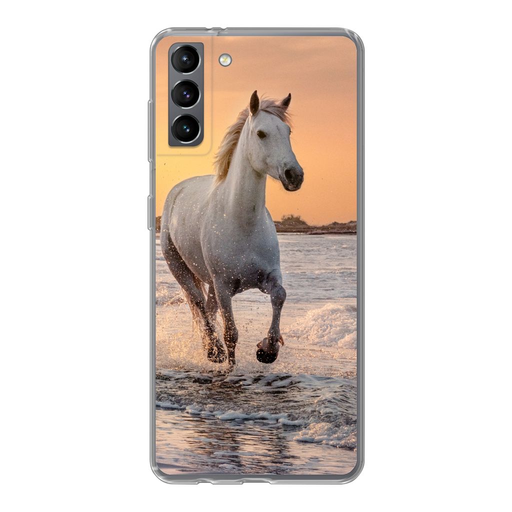 MuchoWow Handyhülle Schutzhülle Hülle für Samsung Galaxy S21 Plus Pferde - Sonne - Meer - Strand - Tiere Silikon Softcase Handy Hülle - Hand...