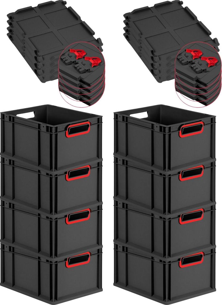 SuperSparSet 8x Eurobox NextGen Color mit Scharnierdeckel und Schiebeschnappverschlüssen | HxBxT 22x30x40cm | 20 Liter | Schwarz | Griffe rot offe...