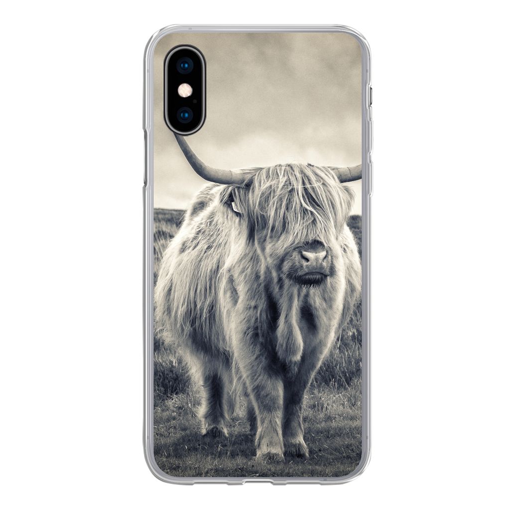 MuchoWow Handyhülle Schutzhülle Hülle für iPhone X Schottischer Hochländer - Tiere - Wolken - Kuh - Natur Silikon Softcase Handy Hülle - Ha...