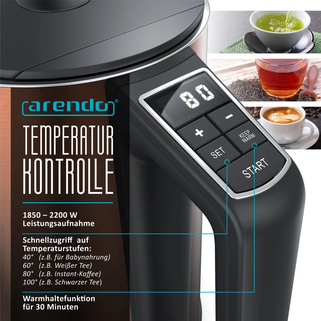 Bollitore Arendo, 1,5 l, 2200 W, acciaio inox, doppia parete, impostazione temperatura 40° - 100 °C con display, rame - 5
