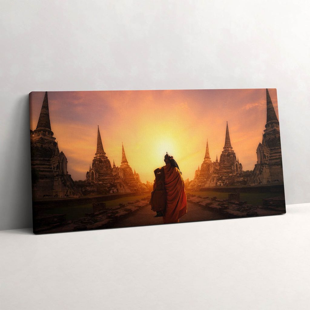 Tempel und ein wandelnder Mönch – Leinwandbild Wandbild – 120x60 cm – Leinwandbilder – Wandbilder – Schlafzimmer – Flur