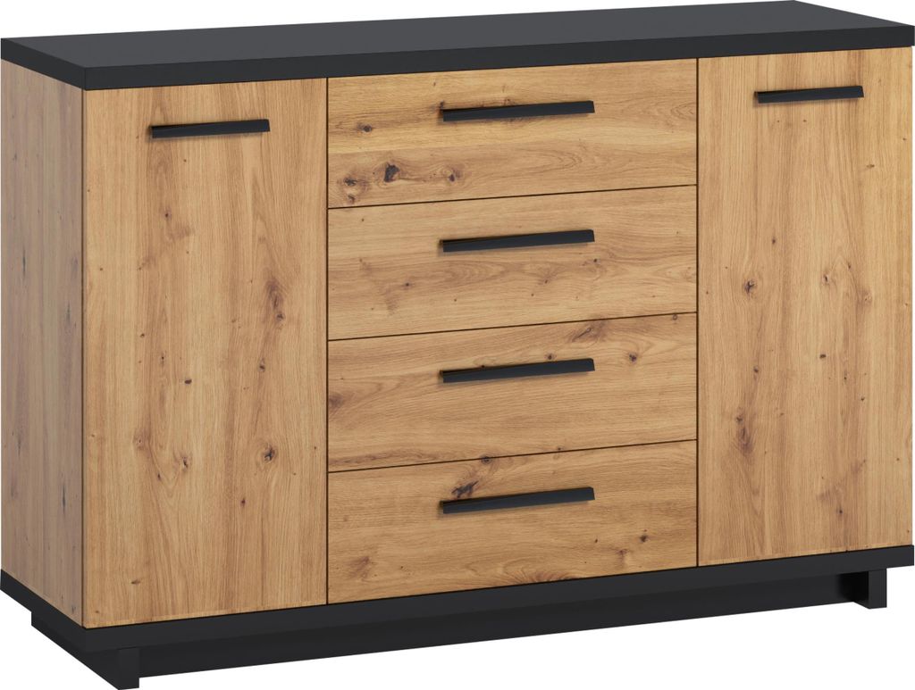 MIRJAN24 Kommode Ines K2D4SZ IS02, Sideboard mit vier Schubladen (Artisan Eiche / Artisan Eiche + Schwarz Matt)