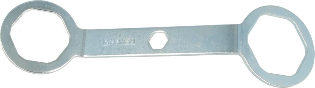 A metal wrench with two hexagonal openings on a white background.