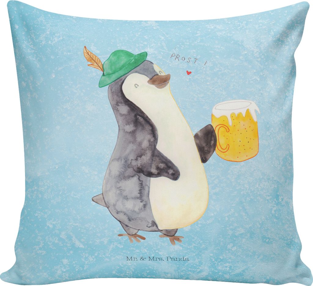 Mr. & Mrs. Panda Sofa Kissen Pinguin Bier - Eisblau - Geschenk, , Polster, Beschwippst, bedruckt, Dekokissen, für, Feierabend, Deko, Sofakissen 40x40