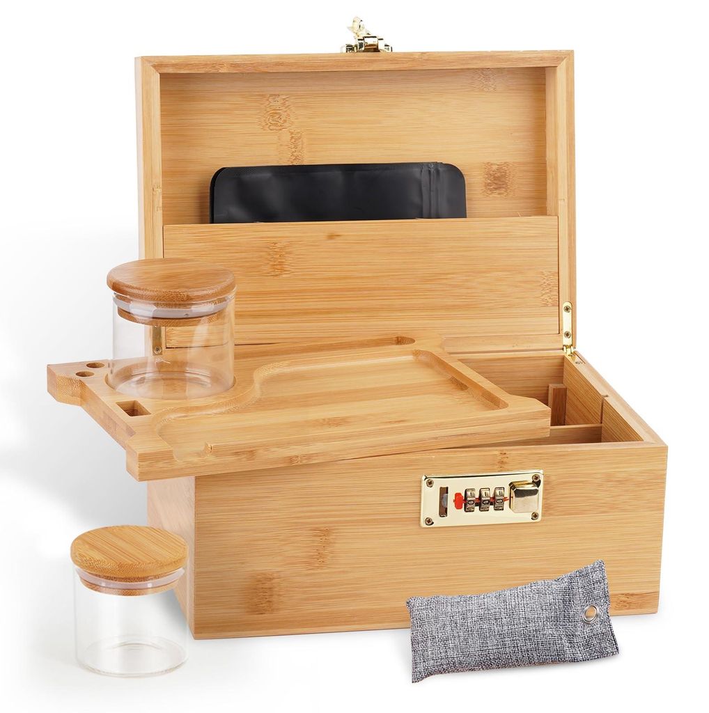 Große Bambusbox mit Zahlenschloss, dekorative Aufbewahrungsbox für Zuhause, Geschenk, Aufbewahrungsbox mit Glasbehälter, Tablett und wiederversc...