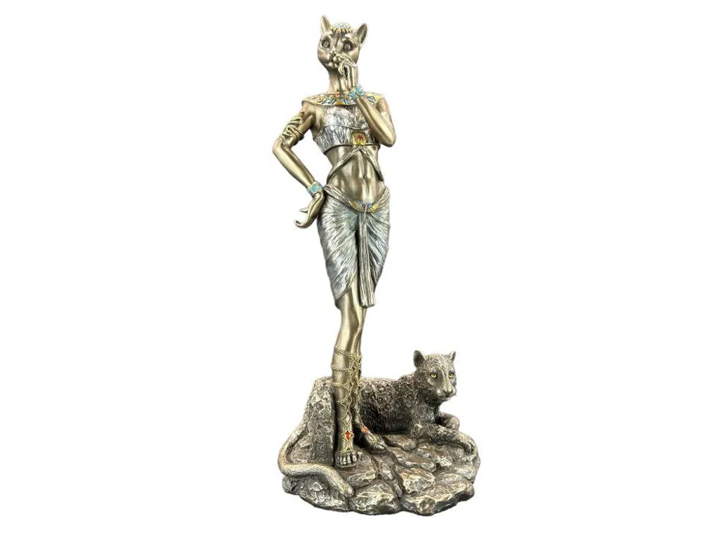 Objet déco égyptien durable : Statue Bastet bronze et panthère noble