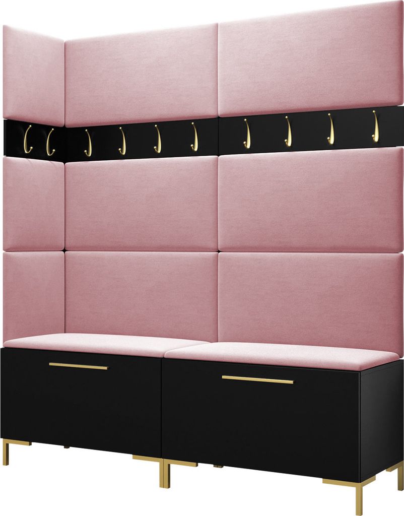 MIRJAN24 Garderoben-Set Zilion V, Garderobe mit 8 Stück Gepolstertes Wandpaneel Pag 84x42 und 3 Stück 42x42 (Schwarz + Gold, Manila 09)