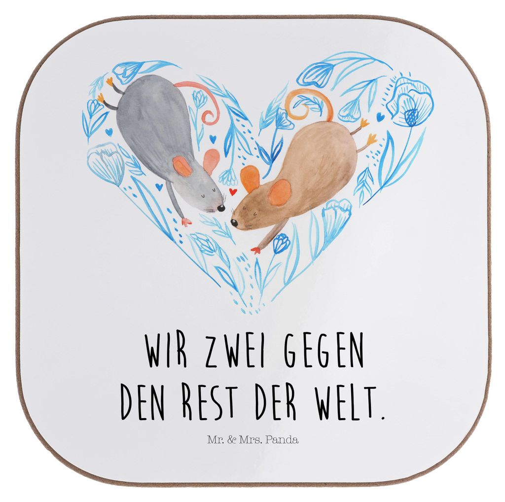 Mr. & Mrs. Panda Tischuntersetzer Mäuse Herz - Weiß - Geschenk, gläseruntersetzer, Verheiratet, Untersetzer Gläser, Coaster, Liebesspruch, für...