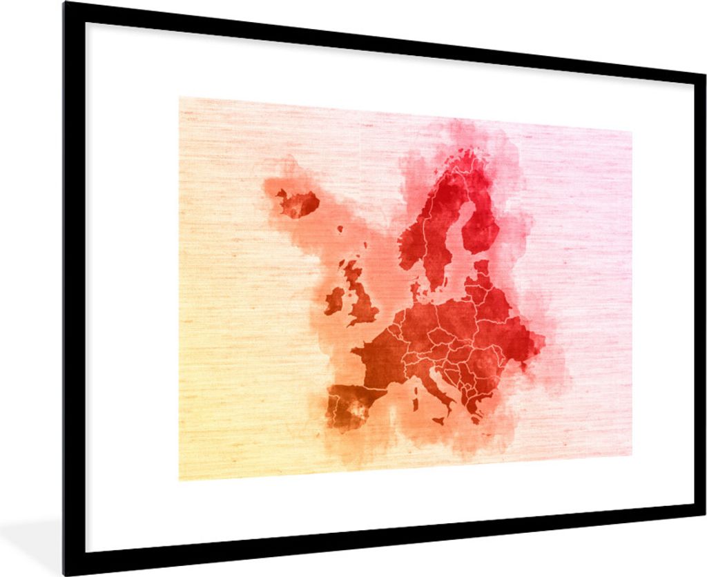 MuchoWow MuchoWow Gerahmtes Poster Karte von Europa - Aquarell - Rot 90x60 cm - Poster mit zchwarzem Bilderrahmen - Wanddekoration - Fotos
