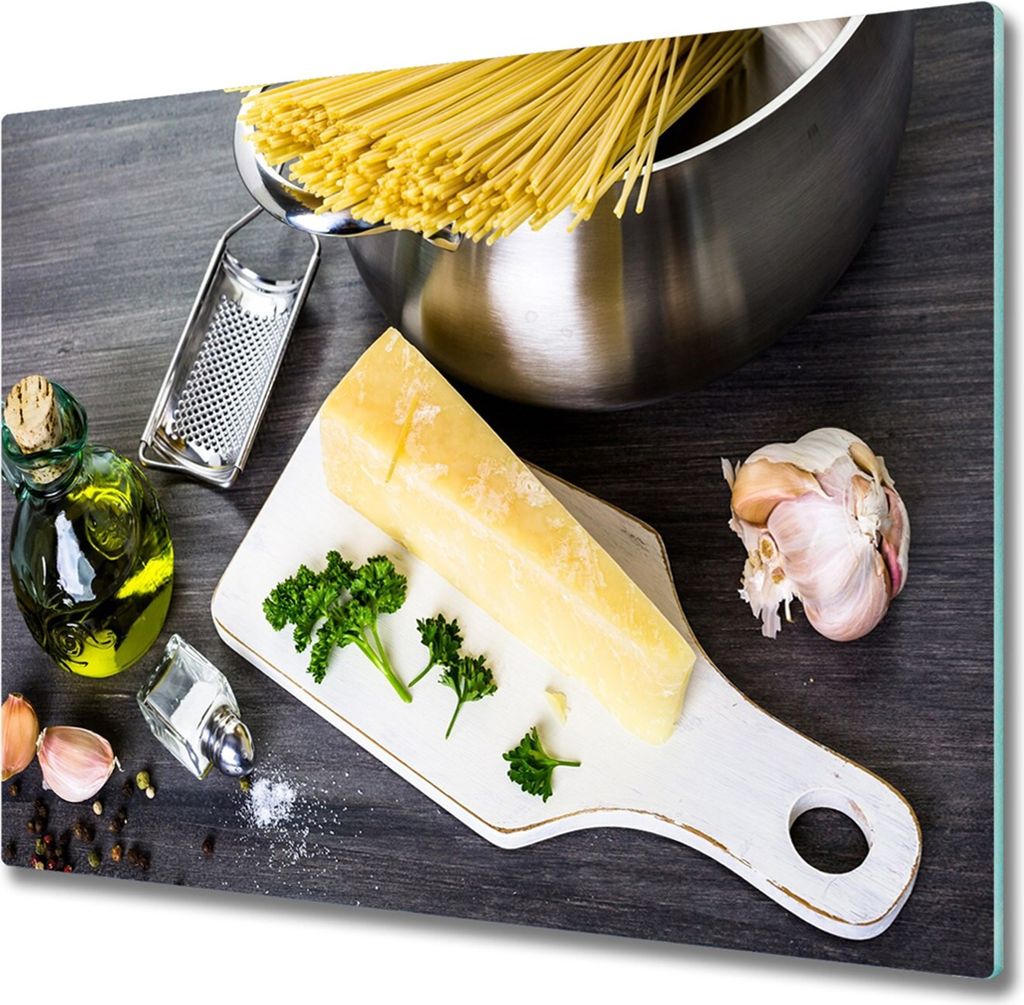 Glas Herdabdeckplatte 60x52 cm Spritzschutz Glasabdeckplatte Schneidebrett Pasta mit Knoblauch