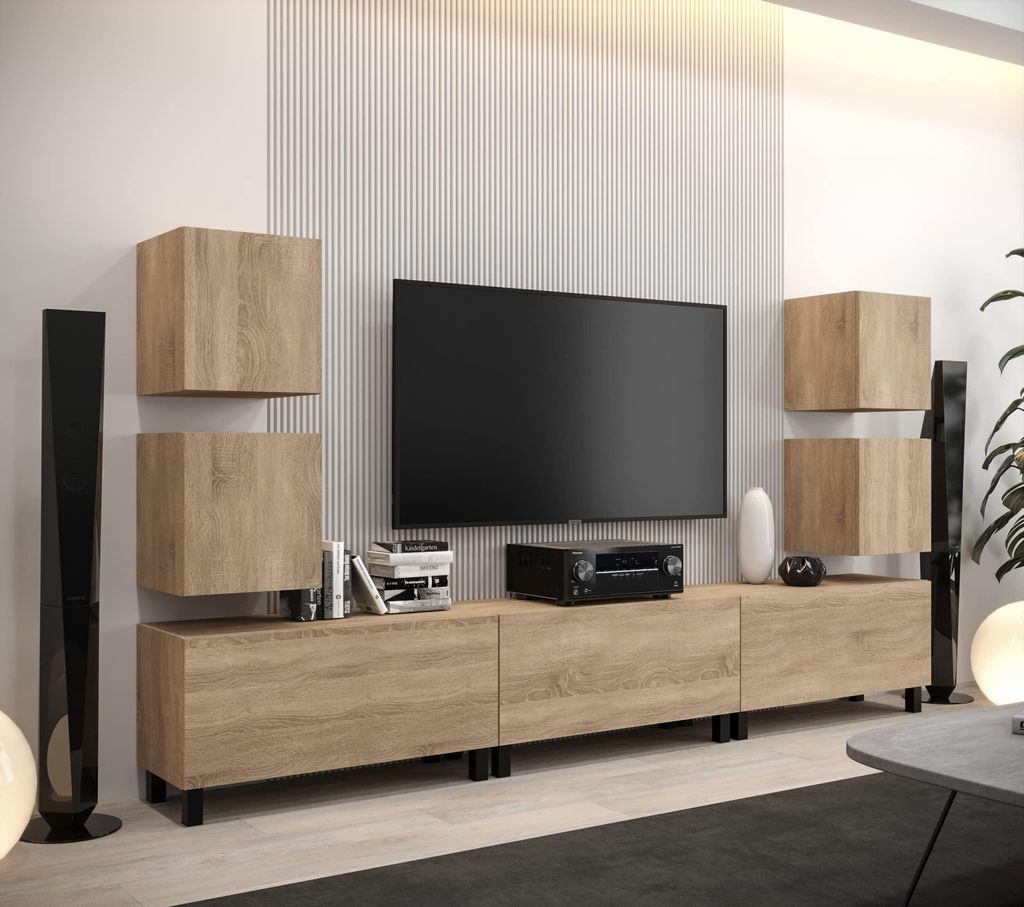 Furnitech Wohnwand Wohnzimmer | Wohnzimmer Möbel mit LED Weiß | Hängend Wohnwand Modern | Wohnzimmer Schrankwand mit Regale und TV Schrank (AN10...