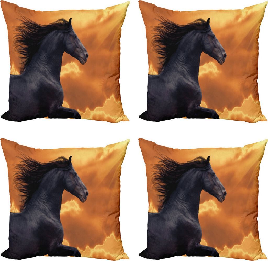 ABAKUHAUS Pferde Kissenbezug Set (4 Stück), Galloping Friese, Moderner Doppelseitiger Digitaldruck, 40 cm x 40 cm, schwarz orange