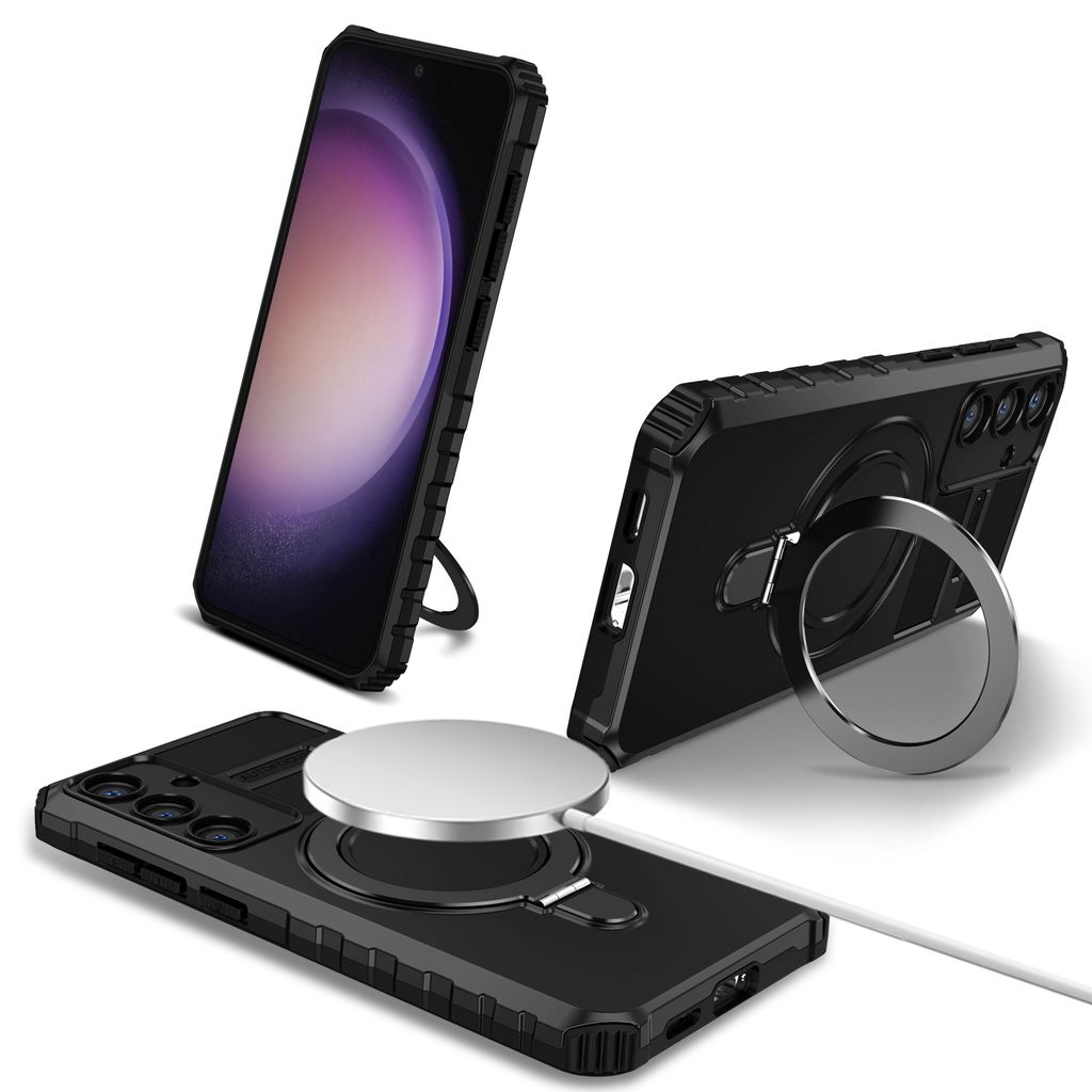 Für Samsung Galaxy S24+ Hülle Magsafe Magnetisch Ring Ständer Schutzhülle, Dual Layer Handyhülle Schwarz