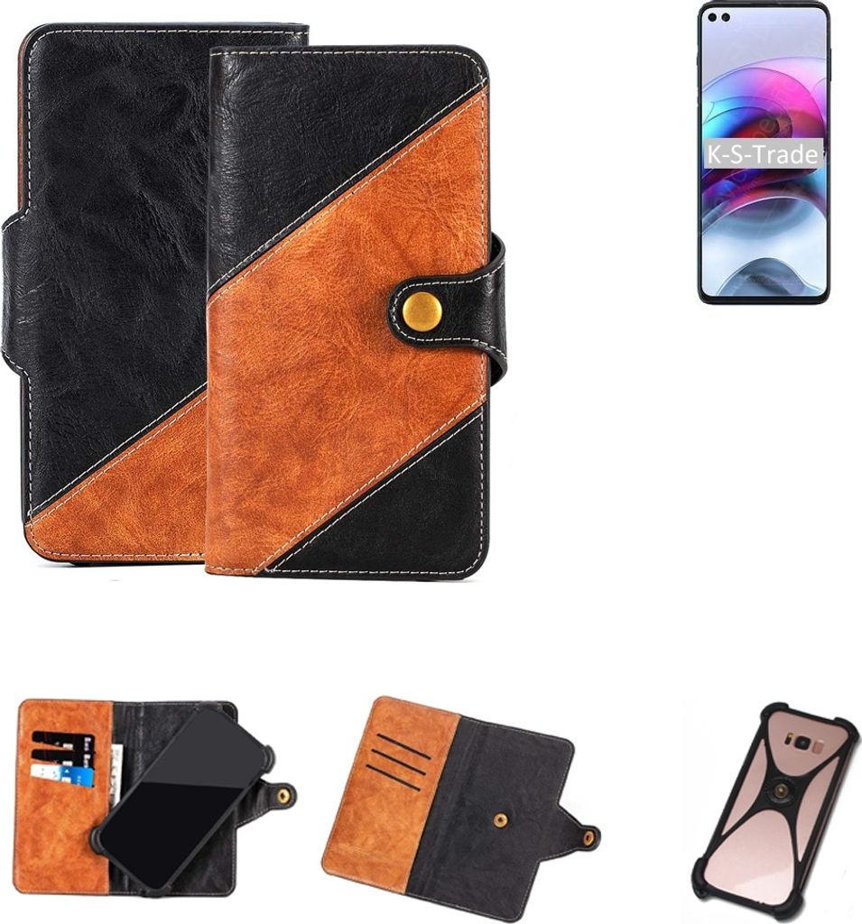 K-S-Trade Handyhülle Schutzhülle Bookstyle Case Wallet-Case kompatibel mit Motorola Edge S Handy Cover Bumper Klapphülle schwarz hellbraun 1x
