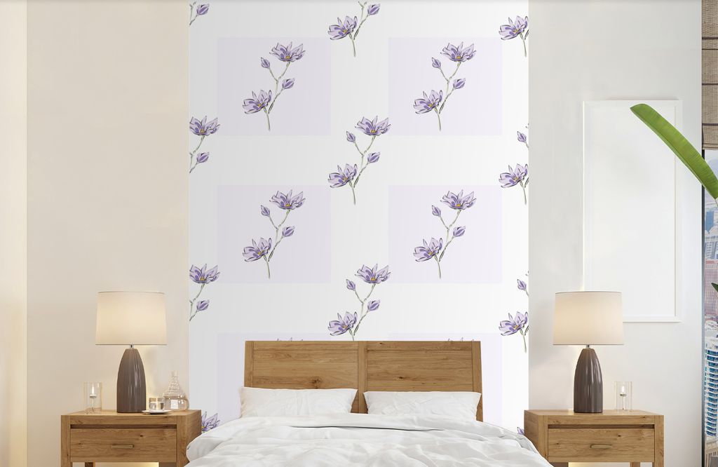 MuchoWow Fototapete für Wohnzimmer oder Schlafzimmer Wandtapete Vinyl Motivtapete Blumen - Lila - Muster - 190x300 cm - Kinderzimmer