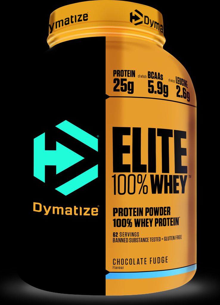 A product shot of a Dymatize Elite 100% Whey protein powder container, split down the middle with a black and cyan logo on one side and product information on the other.