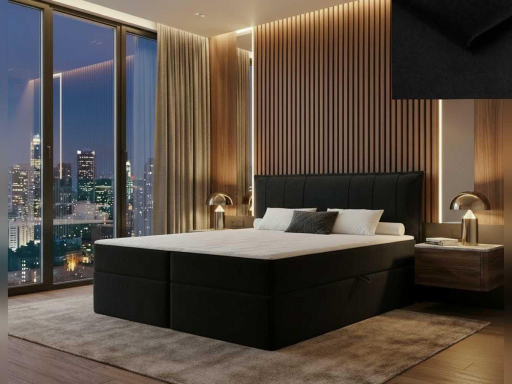 Boxspringbett PALINURO 140x200 – elegantes Kopfteil, Bettkasten, Stoff Salvador 19 SCHWARTZ