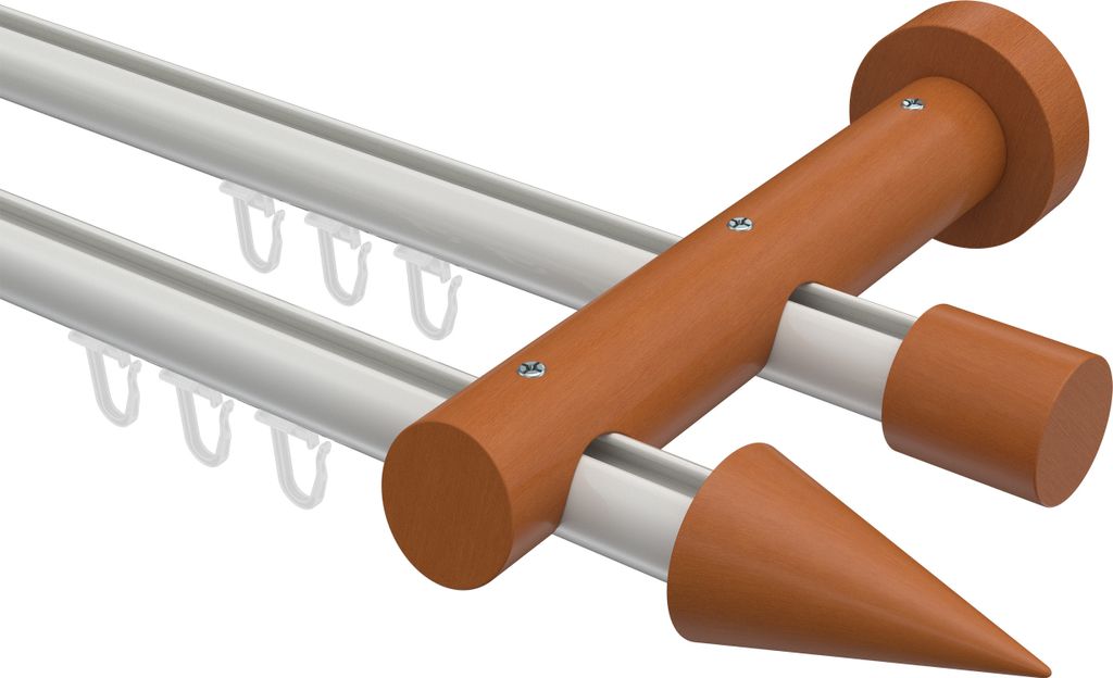 Interdeco Innenlaufstange / Gardinenstange mit Innenlauf Weiß / Kirschbaum lackiert, Typ Talent Siveo (Kegel), 20 mm Ø 2-läufig, 120 cm