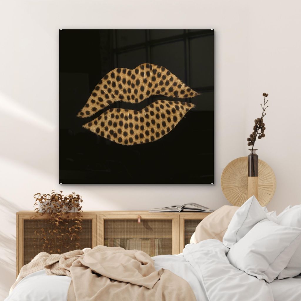 MuchoWow Glasbilder - Bilder auf Wandbild - Foto auf Glas Lippen - Schwarz - Pantherdruck 90x90 cm Wanddekoration aus Glas - Acrylglasbild - Acrylb...