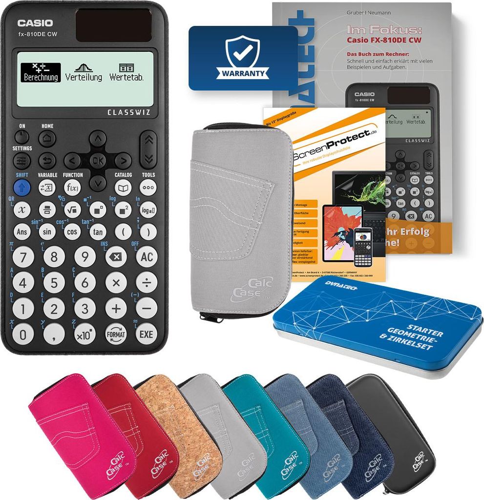 Casio FX-810 DE CW Taschenrechner mit Tasche hellgrau, Folie, Fachbuch & Zirkel Set