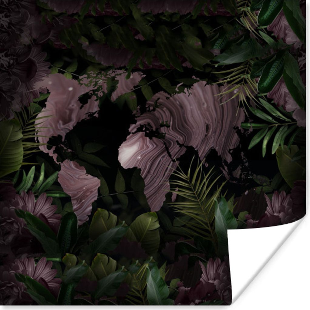 MuchoWow Poster Weltkarte - Lila - Pflanzen 100x100 cm - Babyzimmer