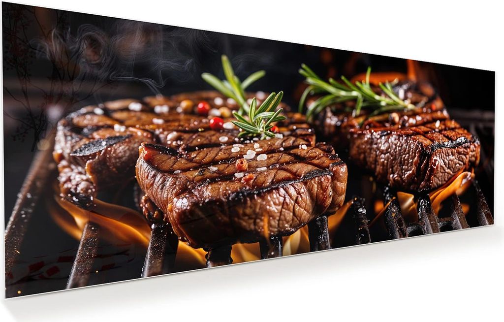 Glasbild 100x40cm in XXL für Wohnzimmer, Schlafzimmer Motiv Gegrillte Steaks