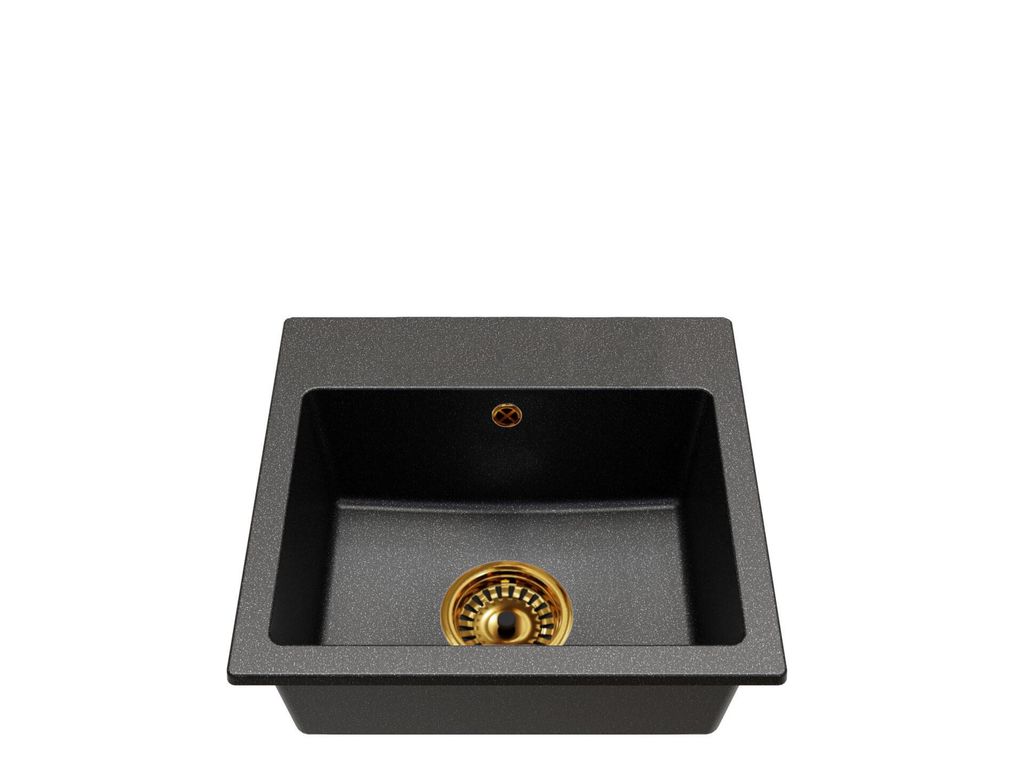 Granitspüle Einbeckig DON – Schwarz Gesprenkelt – Goldener Syphon